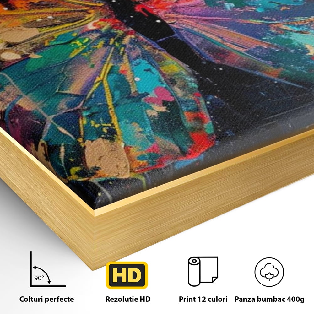 Detaliu al suprafetei: tablou canvas cu fluture multicolor, in rama de aluminiu auriu
